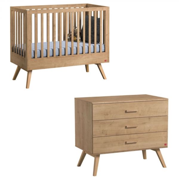 Chambre duo lit 60x120 + commode bois - Collection Nautis