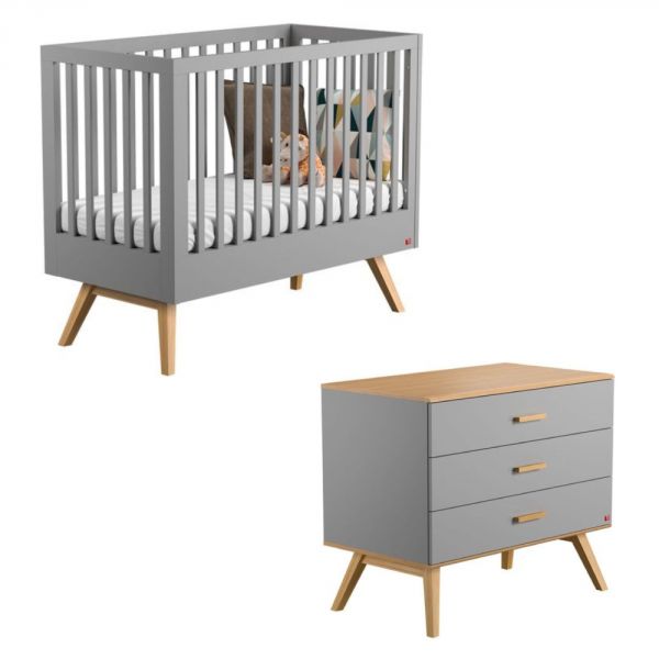 Chambre duo lit 60x120 + commode gris - Collection Nautis