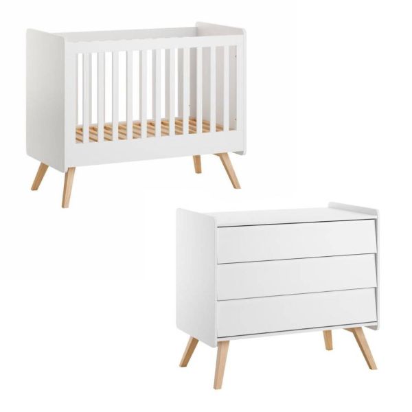 Chambre duo Lit bébé 60 x 120 cm + commode Vintage blanc