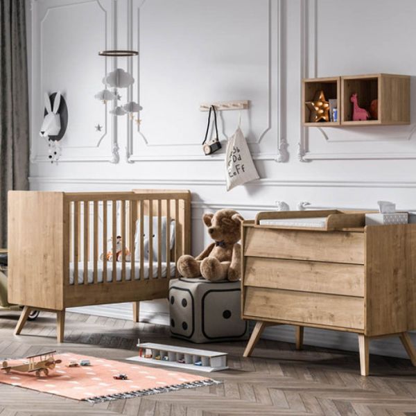Chambre duo lit 60x120 + commode Bois - Collection Vintage