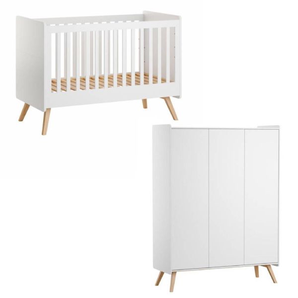 Chambre duo Lit bébé évolutif 70 x 140 cm + Armoire 3 portes Vintage blanc
