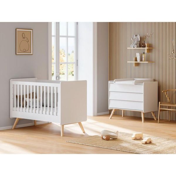 Chambre duo Lit bébé évolutif 70 x 140 cm + Commode 3 tiroirs Vintage blanc