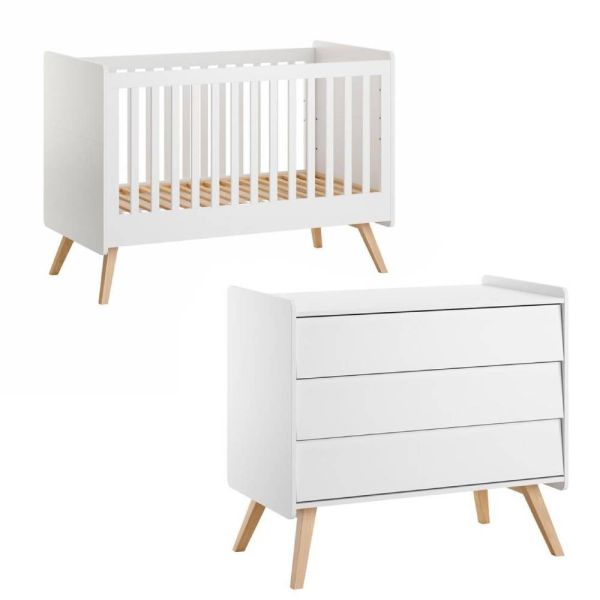 Chambre duo Lit bébé évolutif 70 x 140 cm + Commode 3 tiroirs Vintage blanc
