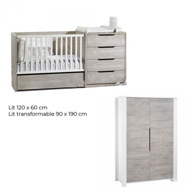 Chambre Duo Lit évolutif bébé combiné 60x120 cm en 90x190 cm + Armoire Loft Bois