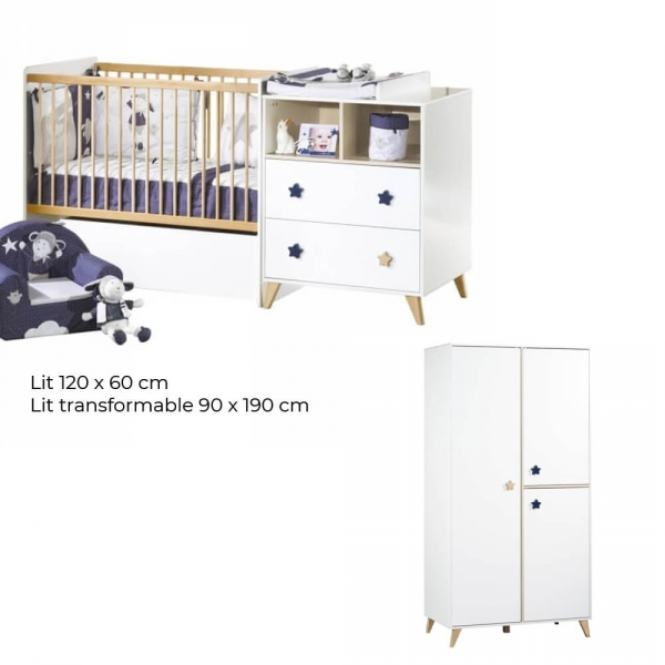 Chambre Duo Lit évolutif bébé combiné 60x120 cm en 90x190 cm + Armoire Oslo Etoile