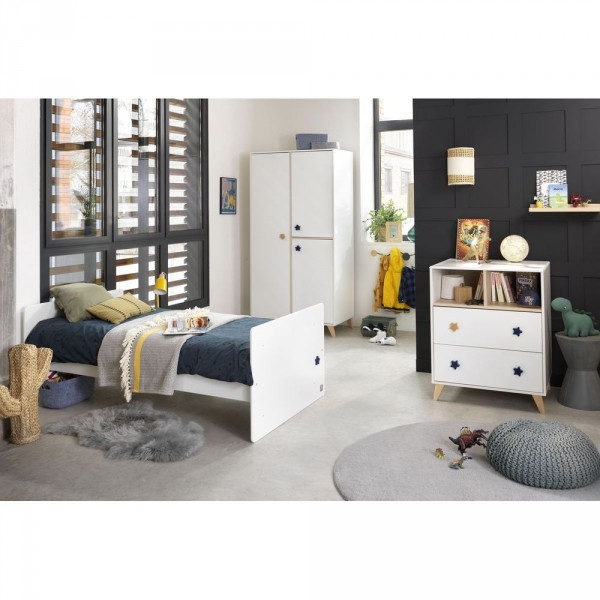 Chambre Duo Lit évolutif bébé combiné 60x120 cm en 90x190 cm + Armoire Oslo Etoile