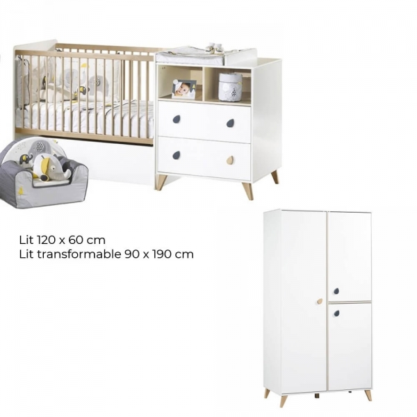 Chambre Duo Lit évolutif bébé combiné 60x120 cm en 90x190 cm + Armoire Oslo Goutte