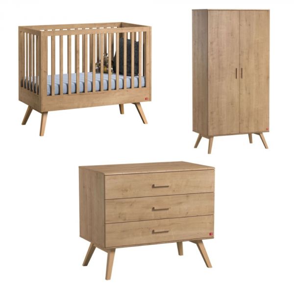 Chambre trio lit 60x120 + commode + armoire bois - Collection Nautis