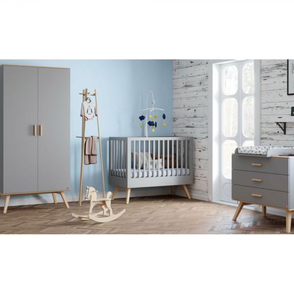 Chambre trio lit 70x140 + commode + armoire gris - Collection Nautis