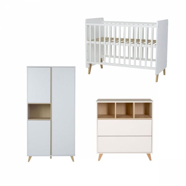 Chambre trio lit bébé 60x120 cm évolutif en lit junior + armoire + commode avec plan à langer Loft White