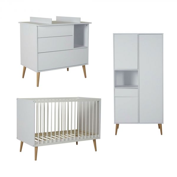 Chambre trio lit bébé 60x120 cm + armoire + commode avec plan à langer Cocoon Ice White