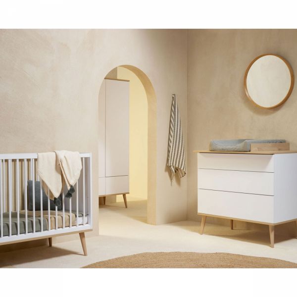 Chambre trio lit bébé 60x120 cm + armoire + commode avec plan à langer Flow White & Oak