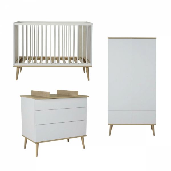 Chambre trio lit bébé 60x120 cm + armoire + commode avec plan à langer Flow White & Oak