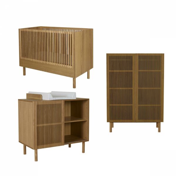 Chambre trio lit bébé 60x120 cm évolutif en canapé+ armoire + commode avec plan à langer Hai No Ki