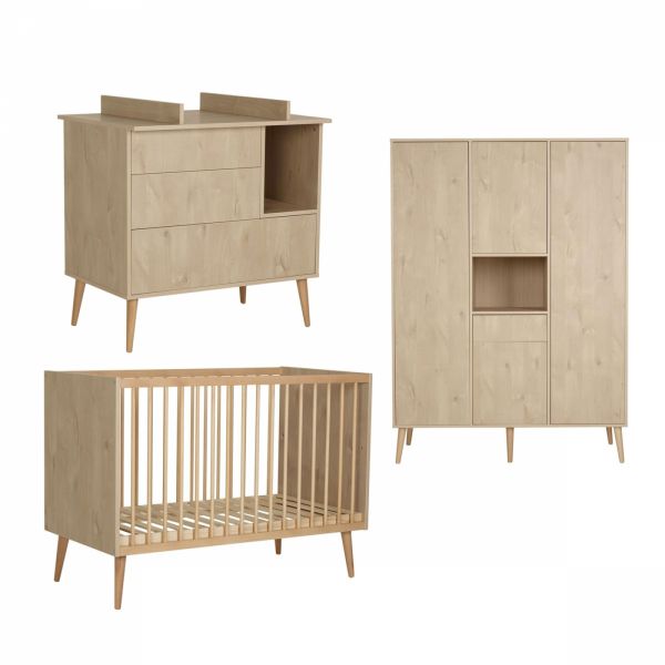 Chambre trio lit bébé 60x120 cm + armoire XL + commode avec plan à langer Cocoon Natural Oak