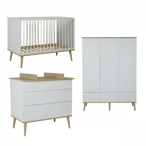 Chambre trio lit bébé 60x120 cm + armoire XL + commode avec plan à langer Flow White & Oak