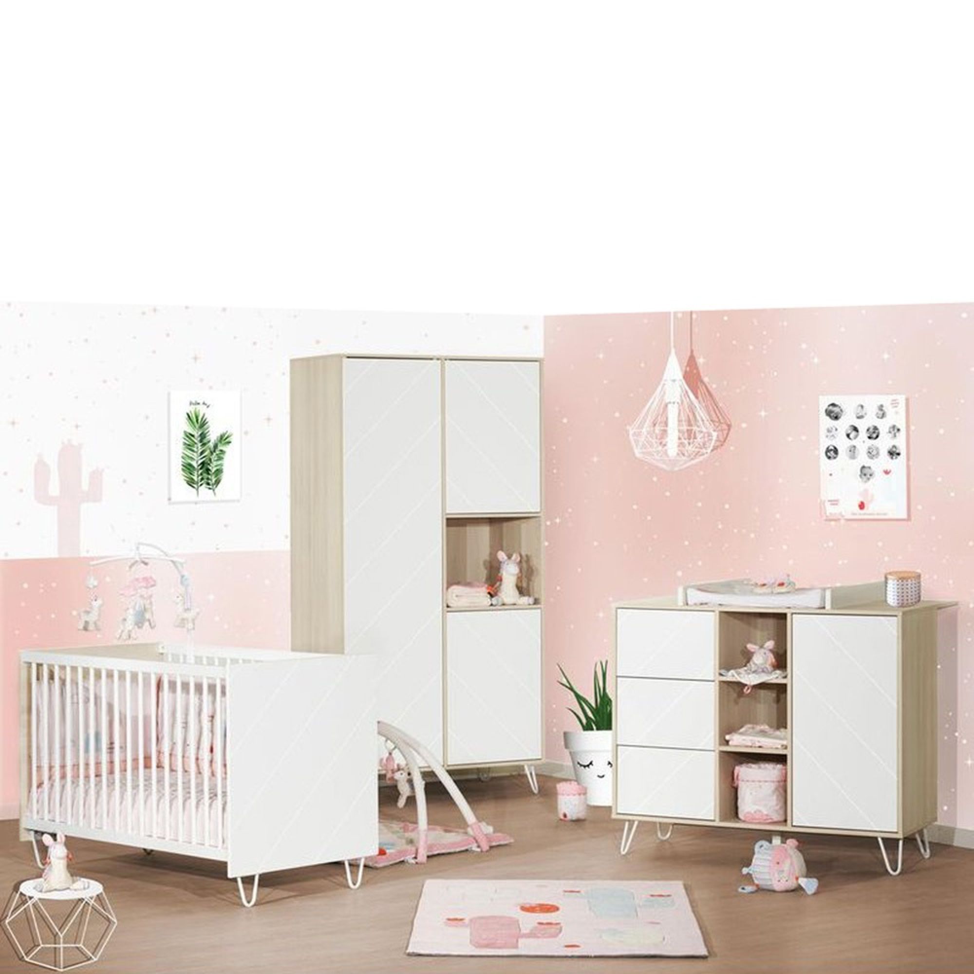 Chambre bébé complète Mia : lit 60x120, commode, armoire, Sauthon