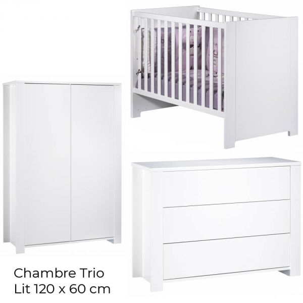 Chambre Trio Lit 60x120 cm + Armoire + Commode Loft Blanc