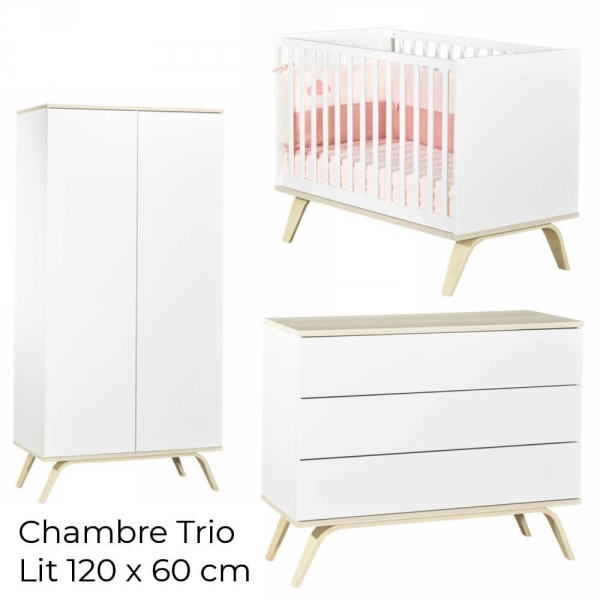 Chambre Trio Lit 60x120 cm + Commode + Armoire Serena
