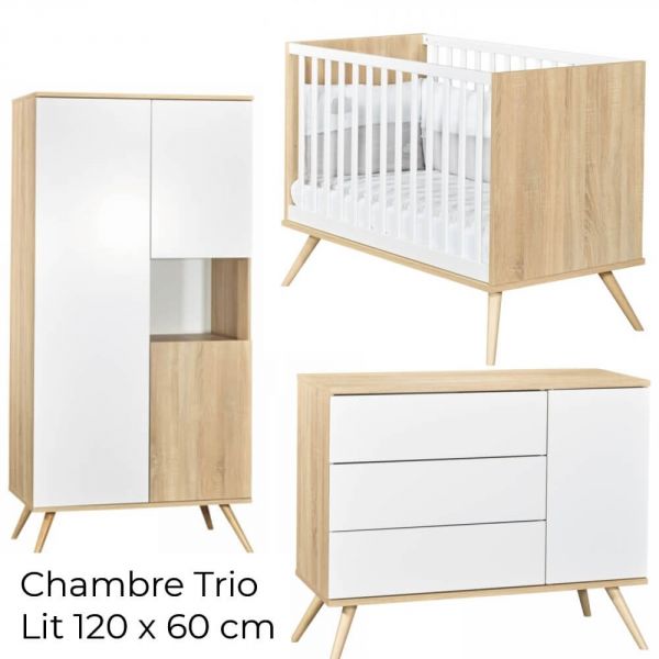 Chambre Trio Lit 60x120 cm + Commode + Armoire Seventies Blanc