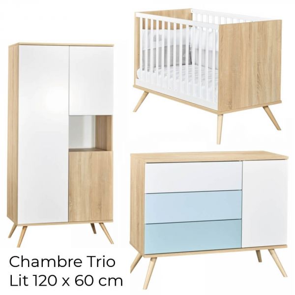 Chambre Trio Lit 60x120 cm + Commode + Armoire Seventies Bleue