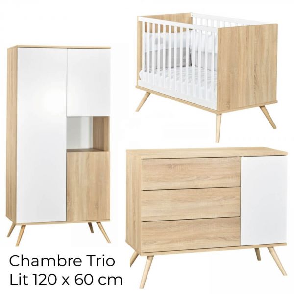 Chambre Trio Lit 60x120 cm + Commode + Armoire Seventies Bois
