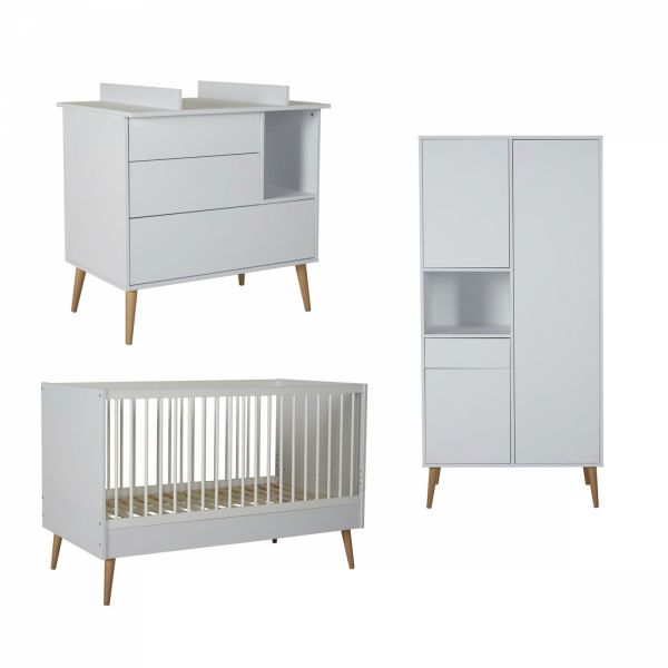 Chambre trio lit bébé 70x140 cm évolutif en lit enfant + armoire + commode avec plan à langer Cocoon Ice White