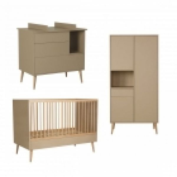 Chambre trio lit bébé 70x140 cm évolutif en lit enfant + armoire + commode avec plan à langer Cocoon Latte