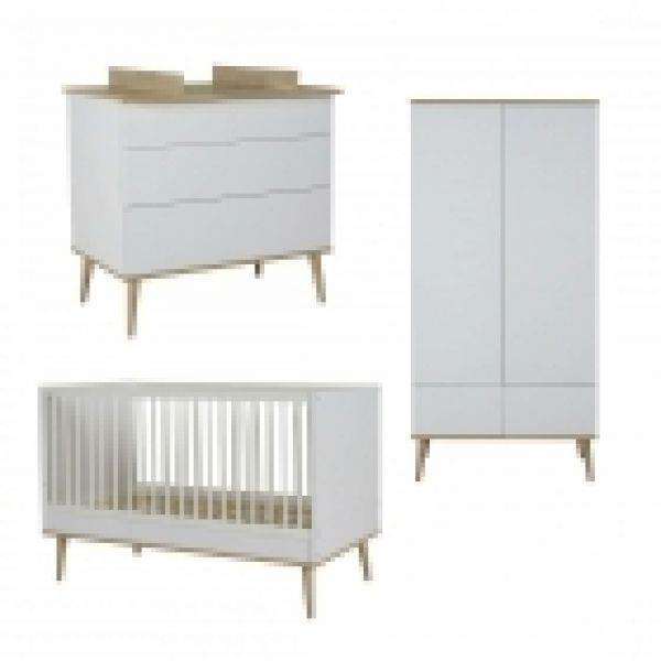 Chambre trio lit bébé 70x140 cm évolutif en lit enfant + armoire + commode avec plan à langer Flow White & Oak