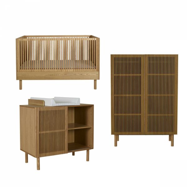 Chambre trio lit bébé 70x140 cm évolutif en canapé + armoire + commode avec plan à langer Hai No Ki