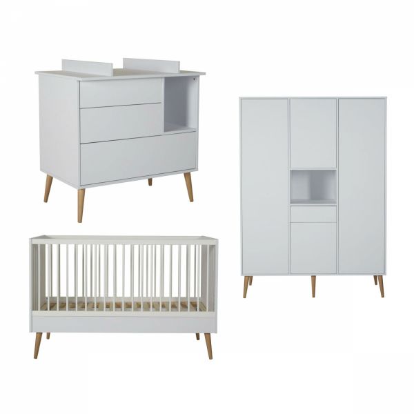 Chambre trio lit bébé 70x140 cm évolutif en lit enfant + armoire XL + commode avec plan à langer Cocoon Ice White