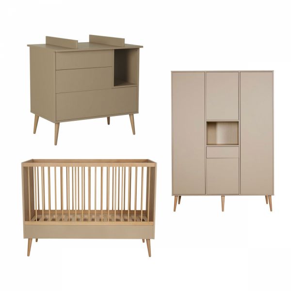 Chambre trio lit bébé 70x140 cm évolutif en lit enfant + armoire XL + commode avec plan à langer Cocoon Latte