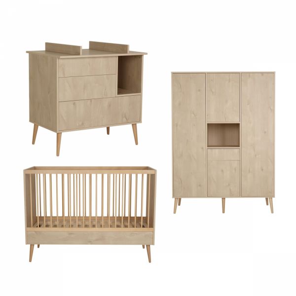 Chambre trio lit bébé 70x140 cm évolutif en lit enfant + armoire XL + commode avec plan à langer Cocoon Natural Oak