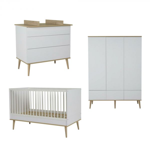 Chambre trio lit bébé 70x140 cm évolutif en lit enfant + armoire XL + commode avec plan à langer Flow White & Oak