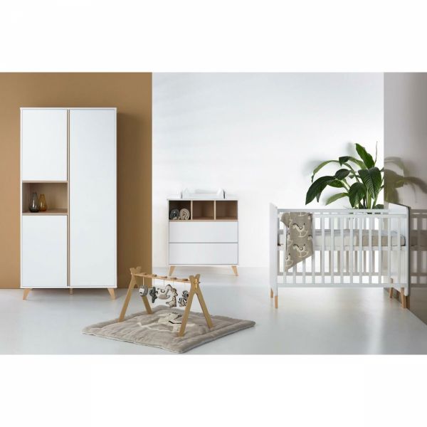 Chambre trio lit bébé 60x120 cm + armoire + commode avec plan à langer Loft White