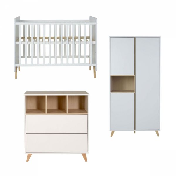 Chambre trio lit bébé 60x120 cm + armoire + commode avec plan à langer Loft White