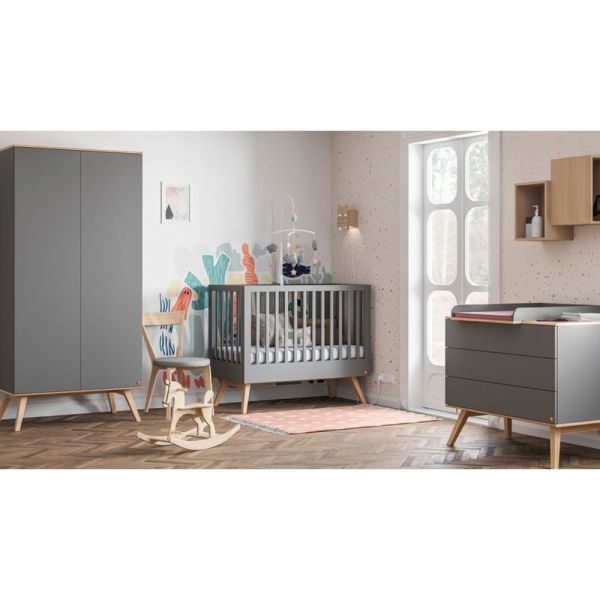 Chambre trio lit 60x120 + commode + armoire gris - Collection Nature