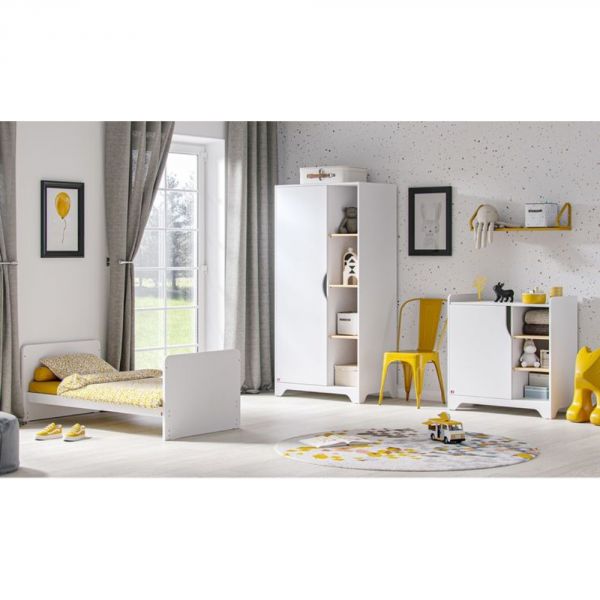Chambre trio lit 70x140 + commode + armoire blanc - Collection Leaf