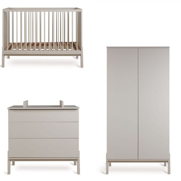 Chambre trio Lit bébé 60x120 cm Ashi Argile+Commode 3 tiroirs Ashi Argile avec plan à langer+Armoire 2 portes Ashi Argile