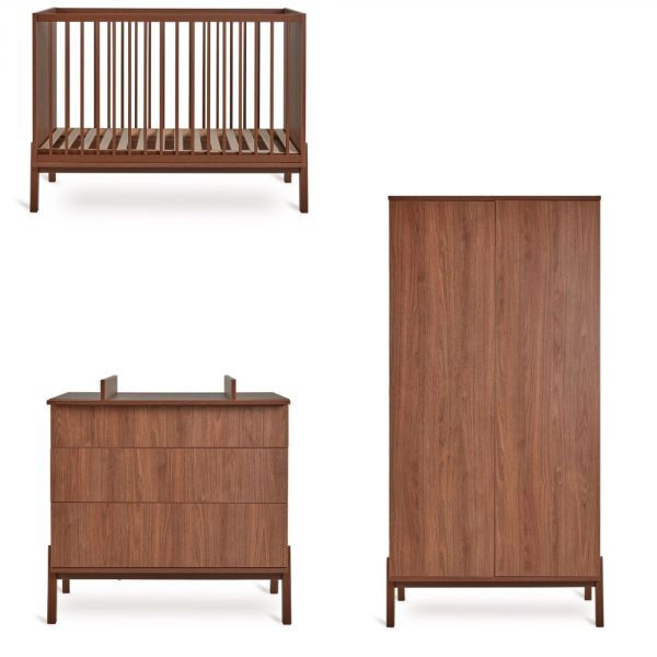 Chambre trio Lit bébé 60x120 cm Ashi Chataignier+Commode 3 tiroirs Ashi Chataignier avec plan à langer+Armoire 2 portes Ashi Chataignier