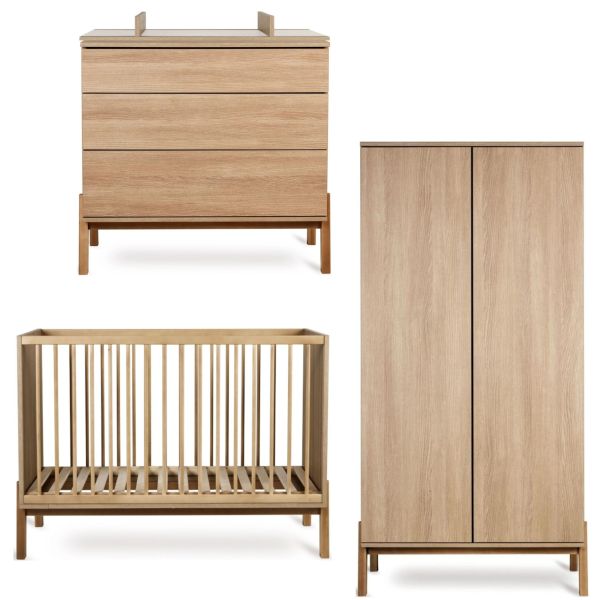 Chambre trio lit bébé 60x120 cm + commode avec plan à langer + armoire Ashi Honey Ash