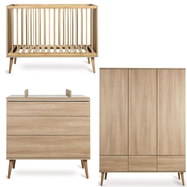 Chambre trio lit bébé 60x120 cm + commode avec plan à langer + armoire XL Flow Honey Ash