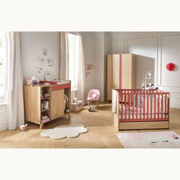 Chambre Trio Lit 60x120 cm + Armoire + Commode NOVA Rose canyon