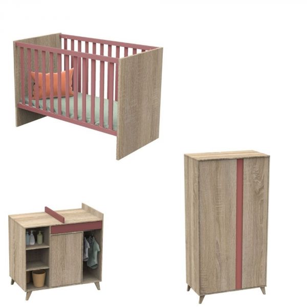 Chambre Trio Lit 60x120 cm + Armoire + Commode NOVA Rose canyon