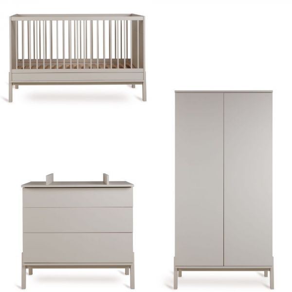 Chambre trio Lit bébé 70x140 cm Ashi Argile+Commode 3 tiroirs Ashi Argile avec plan à langer+Armoire 2 portes Ashi Argile