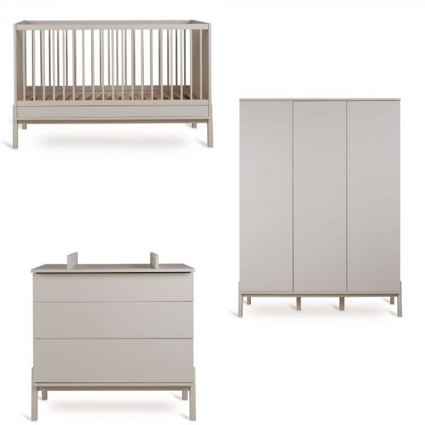Chambre trio Lit bébé 70x140 cm Ashi Argile+Commode 3 tiroirs Ashi Argile avec plan à langer+Armoire 3 portes Ashi Argile