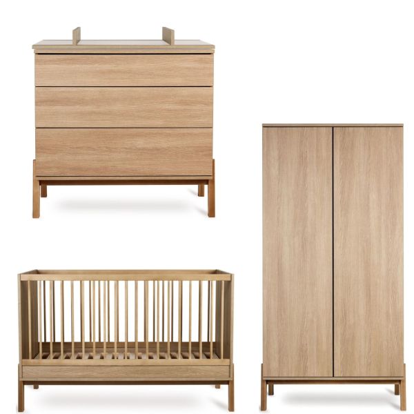 Chambre trio lit bébé 70x140 cm + commode avec plan à langer + armoire Ashi Honey Ash