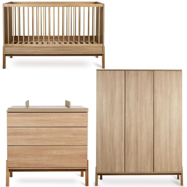 Chambre trio lit bébé 70x140 cm + commode avec plan à langer + armoire XL Ashi Honey Ash