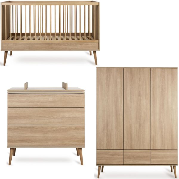 Chambre trio lit bébé 70x140 cm + commode avec plan à langer + armoire XL Flow Honey Ash