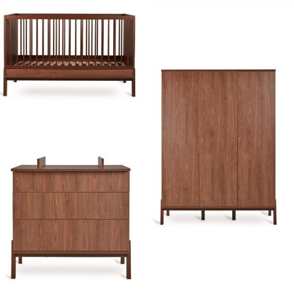 Chambre trio Lit bébé 70x140cm Ashi Chataignier+Commode 3 tiroirs Ashi Chataignier avec plan à langer+Armoire 3 portes Ashi Chataignier